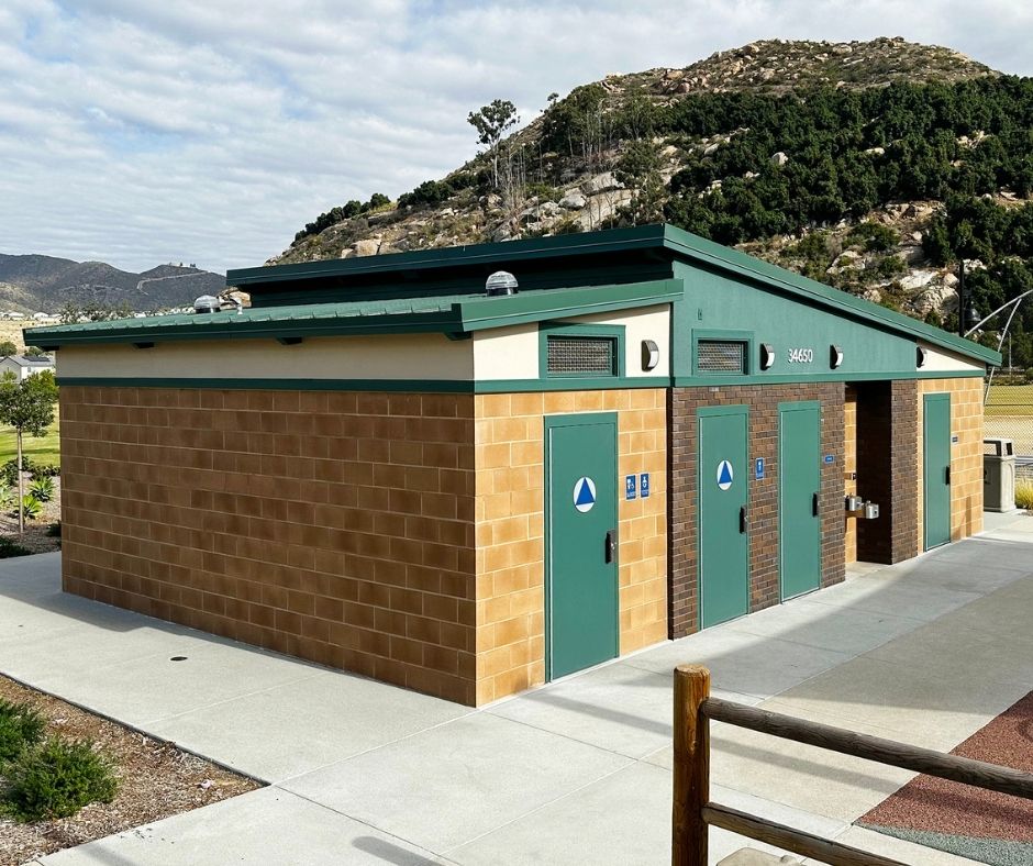 Public restroom at Willow Grove Park in San Diego County with Solatubes for eco-friendly restroom design