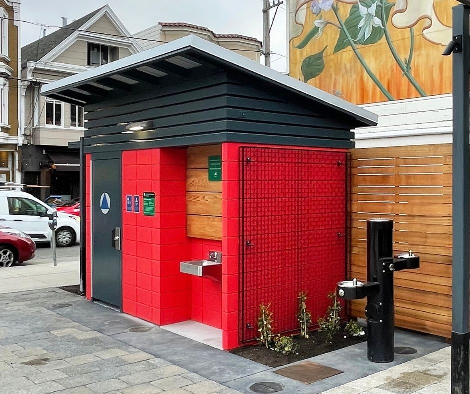 The trellis on the exterior of the restroom in Noe Valley Town Square located in San Francisco, CA is another example of eco-friendly restroom design