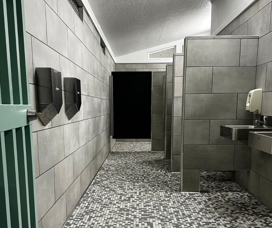 Dyson hand dryers keep this restroom looking clean and nice at Franklin D. Roosevelt Park in Los Angeles, CA, which is an example of eco-friendly restroom design